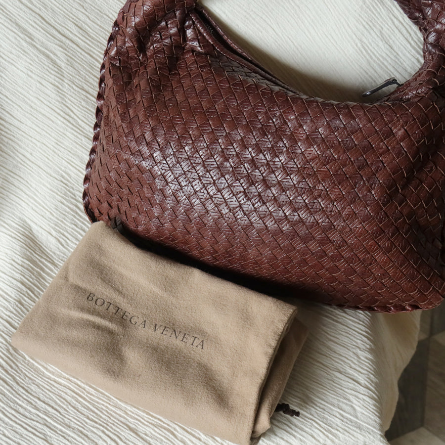 Bottega Veneta Vintage Dark Brown Double Intrecciato Weave Ebano Hobo Shoulder Bag