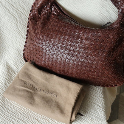Bottega Veneta Vintage Dark Brown Double Intrecciato Weave Ebano Hobo Shoulder Bag