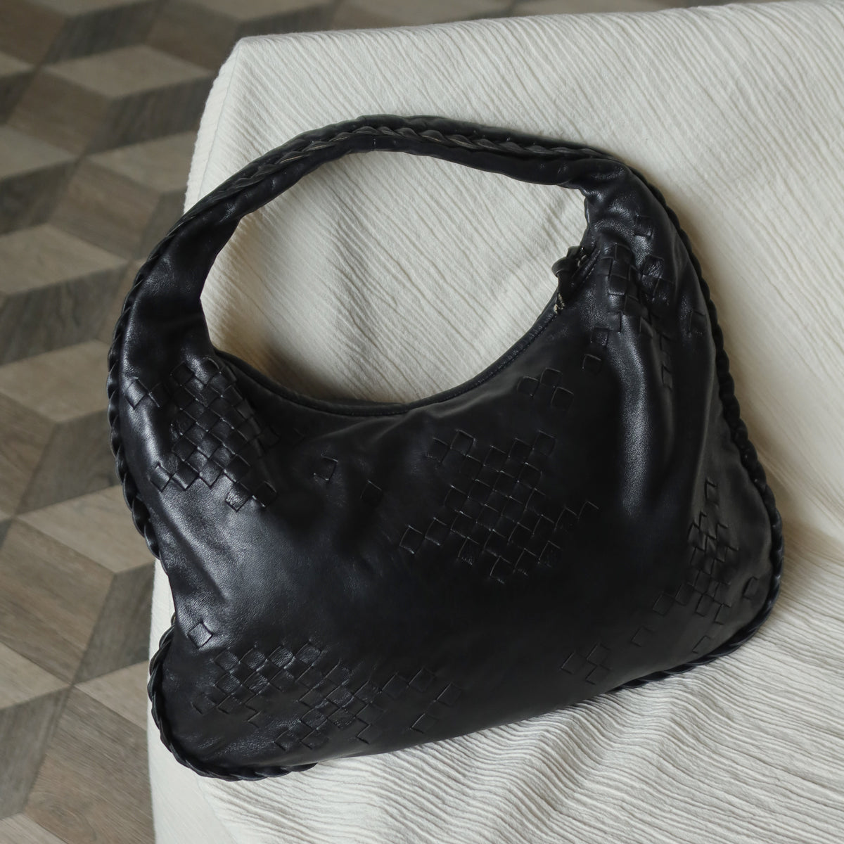 Bottega Veneta Vintage Black Patchy Intrecciato Weave Medium Hobo Shoulder Bag