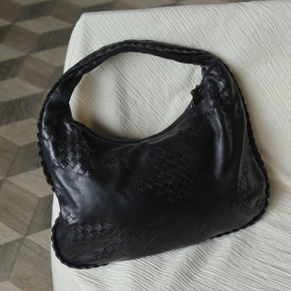 Bottega Veneta Vintage Black Patchy Intrecciato Weave Medium Hobo Shoulder Bag