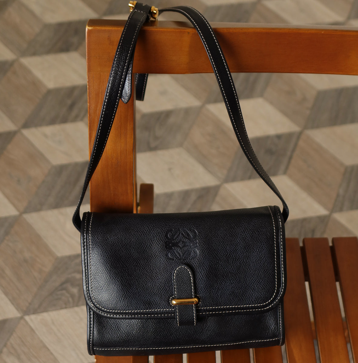 Loewe Vintage Black Grained Leather Anagram Crossbody Flap Bag