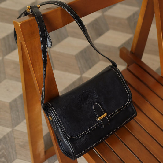 Loewe Vintage Black Grained Leather Anagram Crossbody Flap Bag