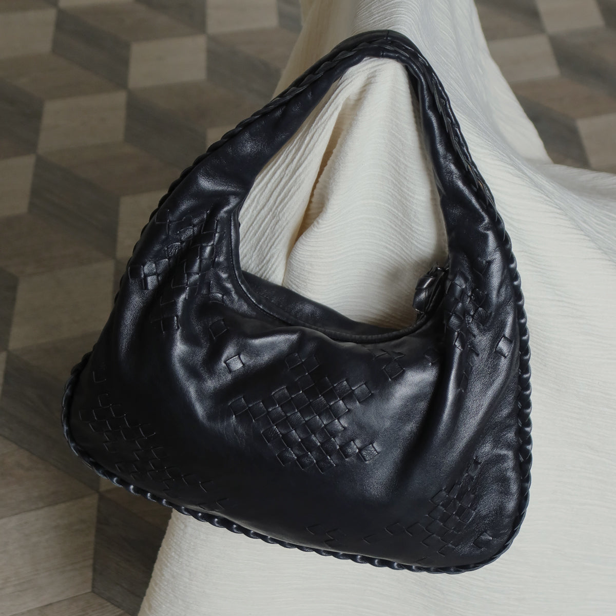 Bottega Veneta Vintage Black Patchy Intrecciato Weave Medium Hobo Shoulder Bag