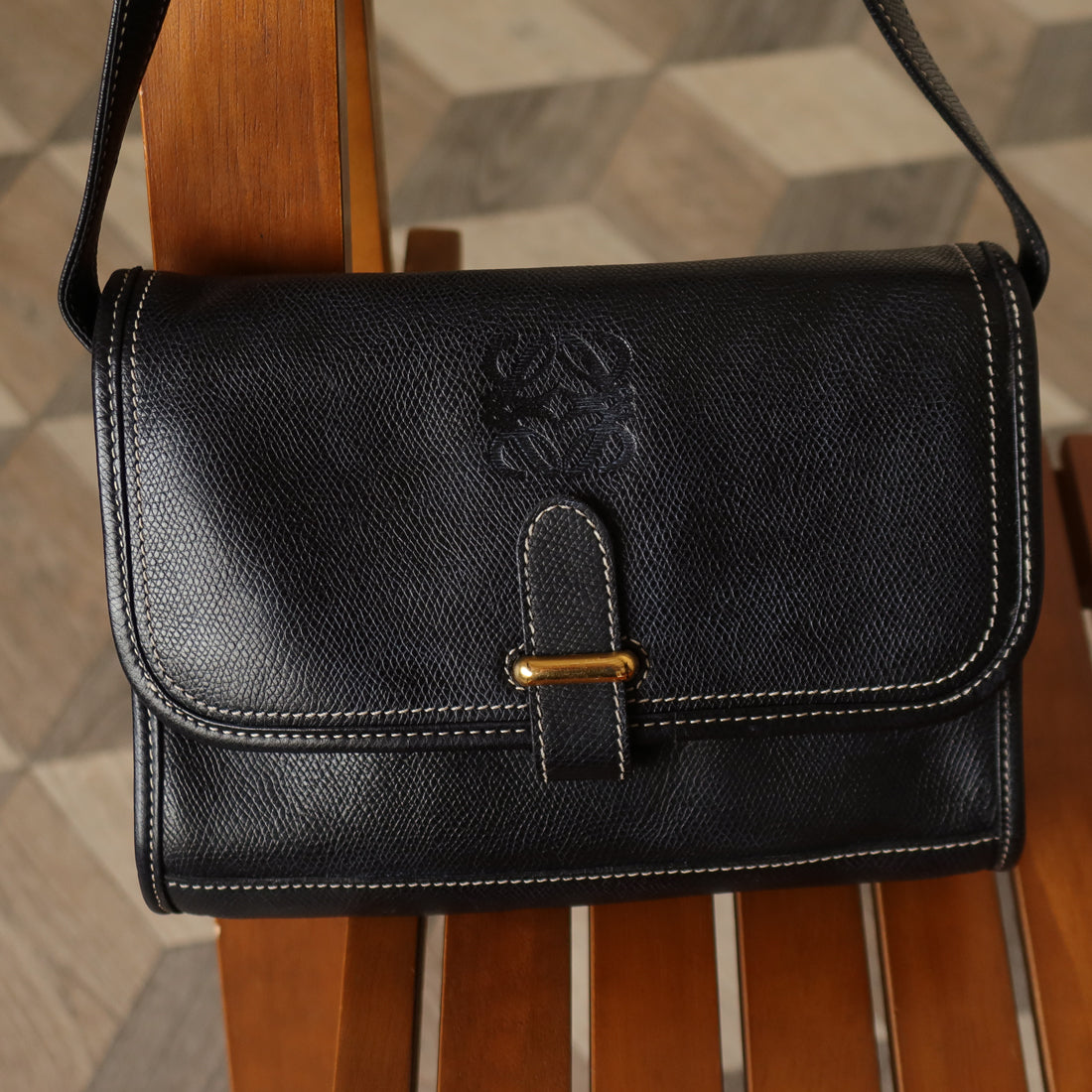 Loewe Vintage Black Grained Leather Anagram Crossbody Flap Bag