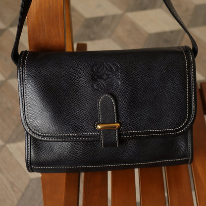 Loewe Vintage Black Grained Leather Anagram Crossbody Flap Bag
