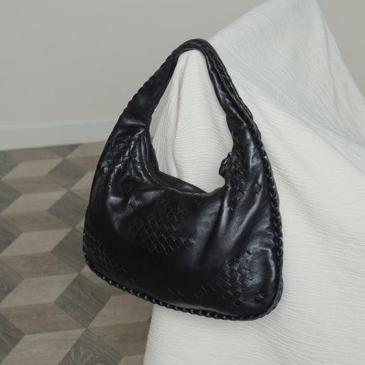 Bottega Veneta Vintage Black Patchy Intrecciato Weave Medium Hobo Shoulder Bag
