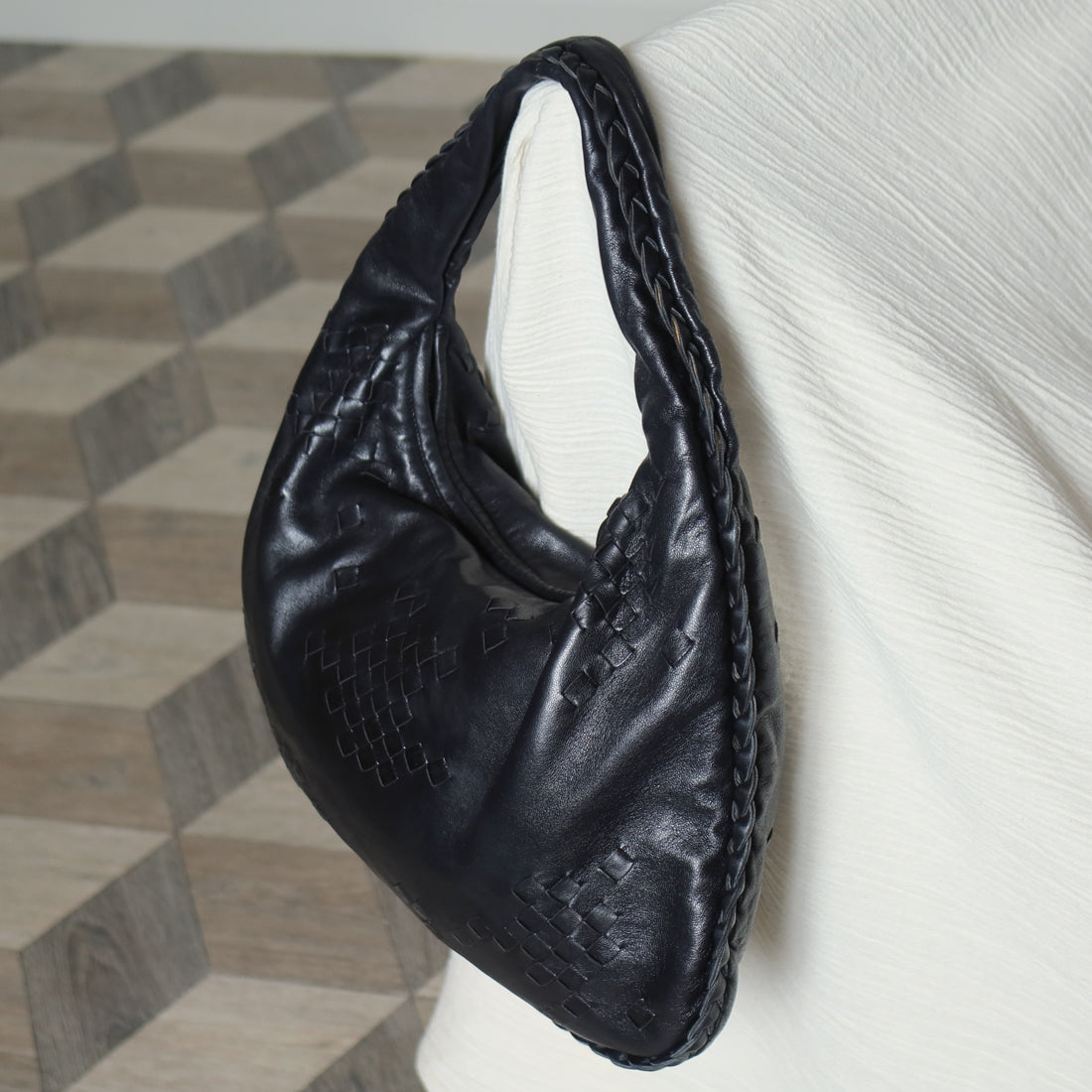 Bottega Veneta Vintage Black Patchy Intrecciato Weave Medium Hobo Shoulder Bag