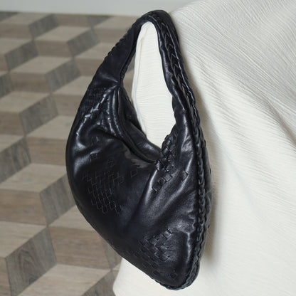 Bottega Veneta Vintage Black Patchy Intrecciato Weave Medium Hobo Shoulder Bag