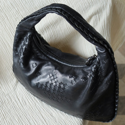 Bottega Veneta Vintage Black Patchy Intrecciato Weave Medium Hobo Shoulder Bag