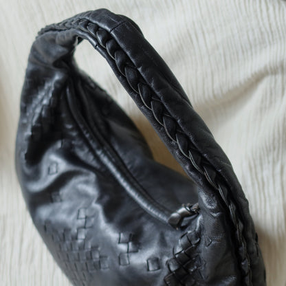 Bottega Veneta Vintage Black Patchy Intrecciato Weave Medium Hobo Shoulder Bag
