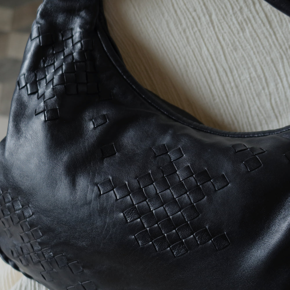 Bottega Veneta Vintage Black Patchy Intrecciato Weave Medium Hobo Shoulder Bag