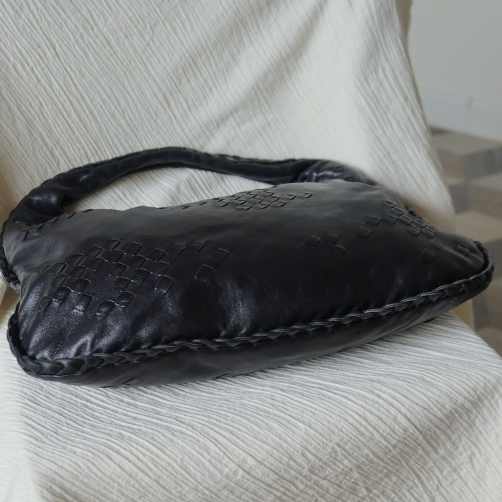 Bottega Veneta Vintage Black Patchy Intrecciato Weave Medium Hobo Shoulder Bag