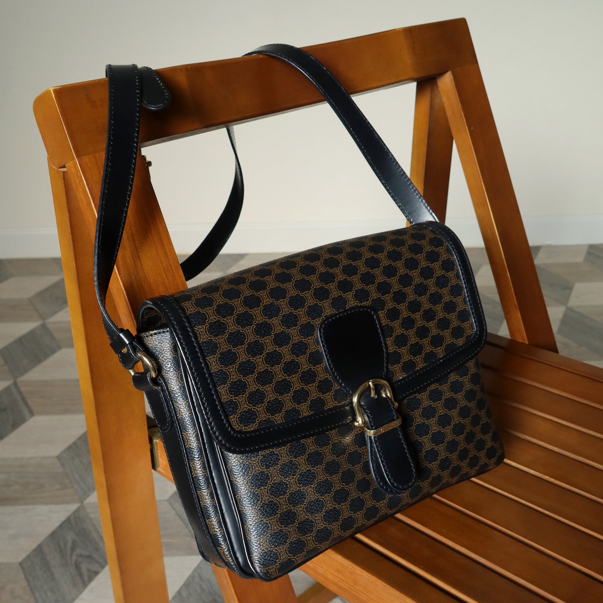 Celine Vintage Black Macadam Triomphe 2way Shoulder Bag