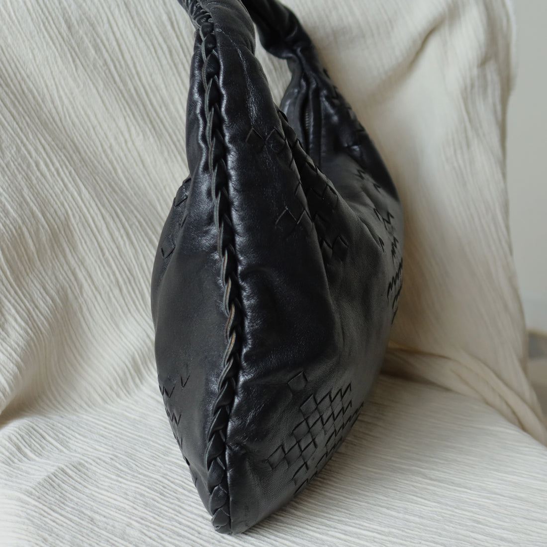 Bottega Veneta Vintage Black Patchy Intrecciato Weave Medium Hobo Shoulder Bag