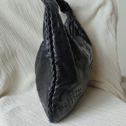 Bottega Veneta Vintage Black Patchy Intrecciato Weave Medium Hobo Shoulder Bag