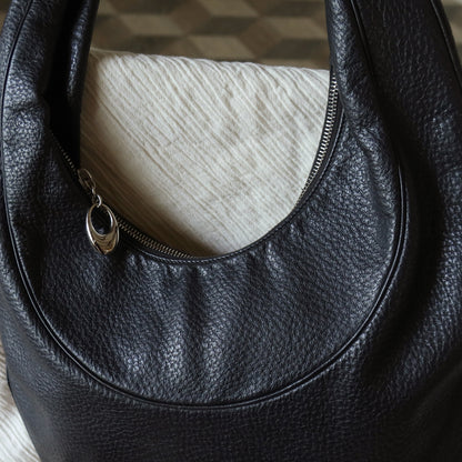 Bvlgari Long Oval Black Grained Leather O charm Shoulder Bag