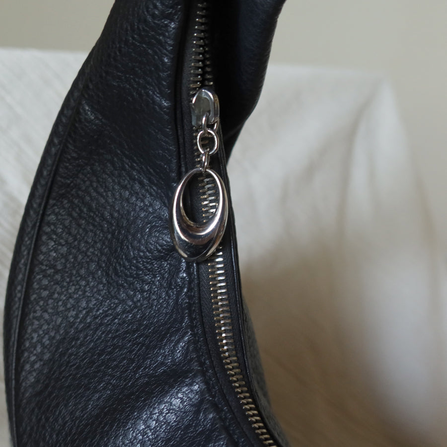 Bvlgari Long Oval Black Grained Leather O charm Shoulder Bag