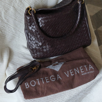 Rare Bottega Veneta Vintage Dark Brown Intrecciato Braided Strap Hobo Shoulder Bag