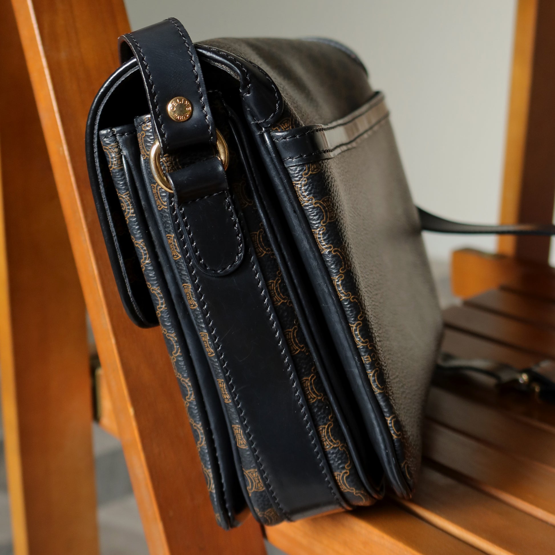 Celine Vintage Black Macadam Triomphe 2way Shoulder Bag