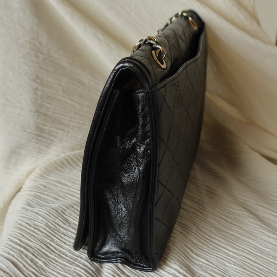 Chanel Vintage Black Lambskin Quilted CC Double Chain Flap Bag