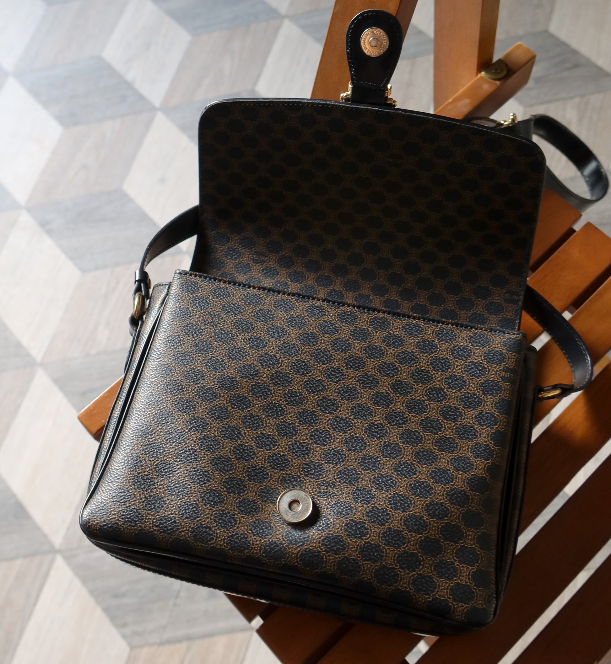 Celine Vintage Black Macadam Triomphe 2way Shoulder Bag