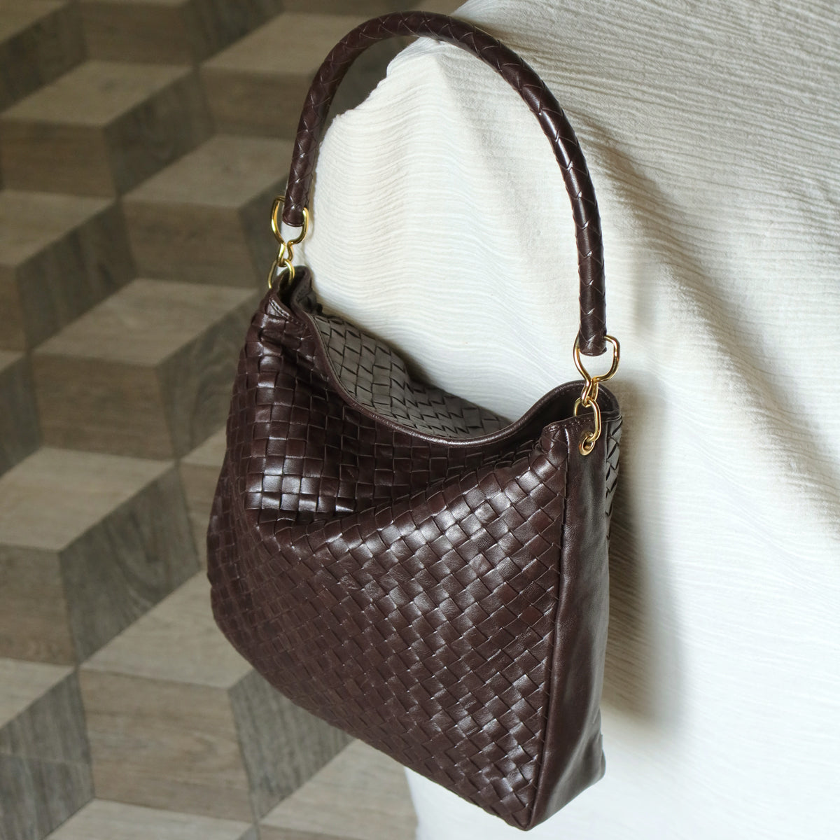 Rare Bottega Veneta Vintage Dark Brown Intrecciato Braided Strap Hobo Shoulder Bag