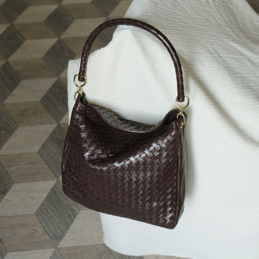 Rare Bottega Veneta Vintage Dark Brown Intrecciato Braided Strap Hobo Shoulder Bag