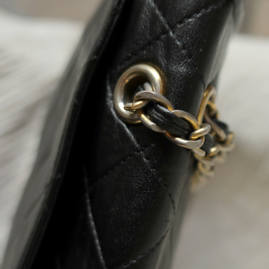 Chanel Vintage Black Lambskin Quilted CC Double Chain Flap Bag