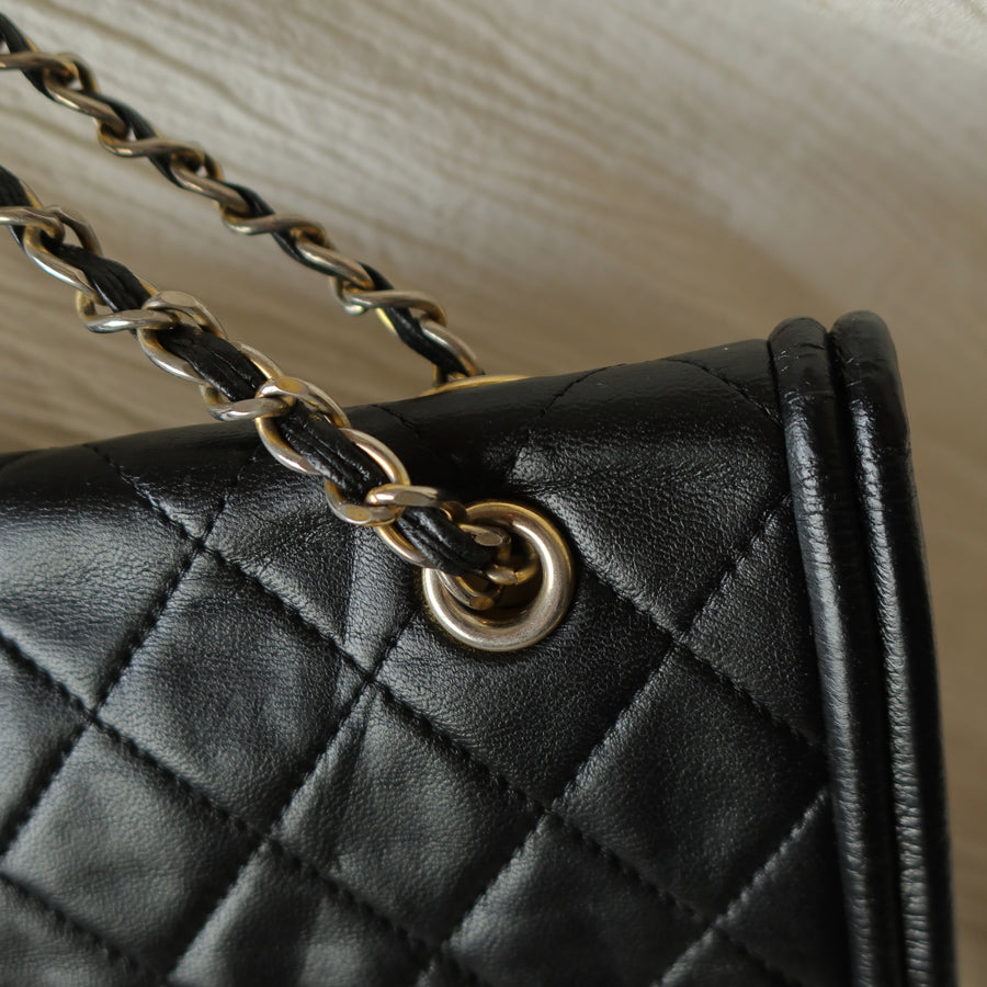Chanel Vintage Black Lambskin Quilted CC Double Chain Flap Bag