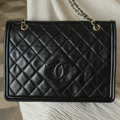 Chanel Vintage Black Lambskin Quilted CC Double Chain Flap Bag