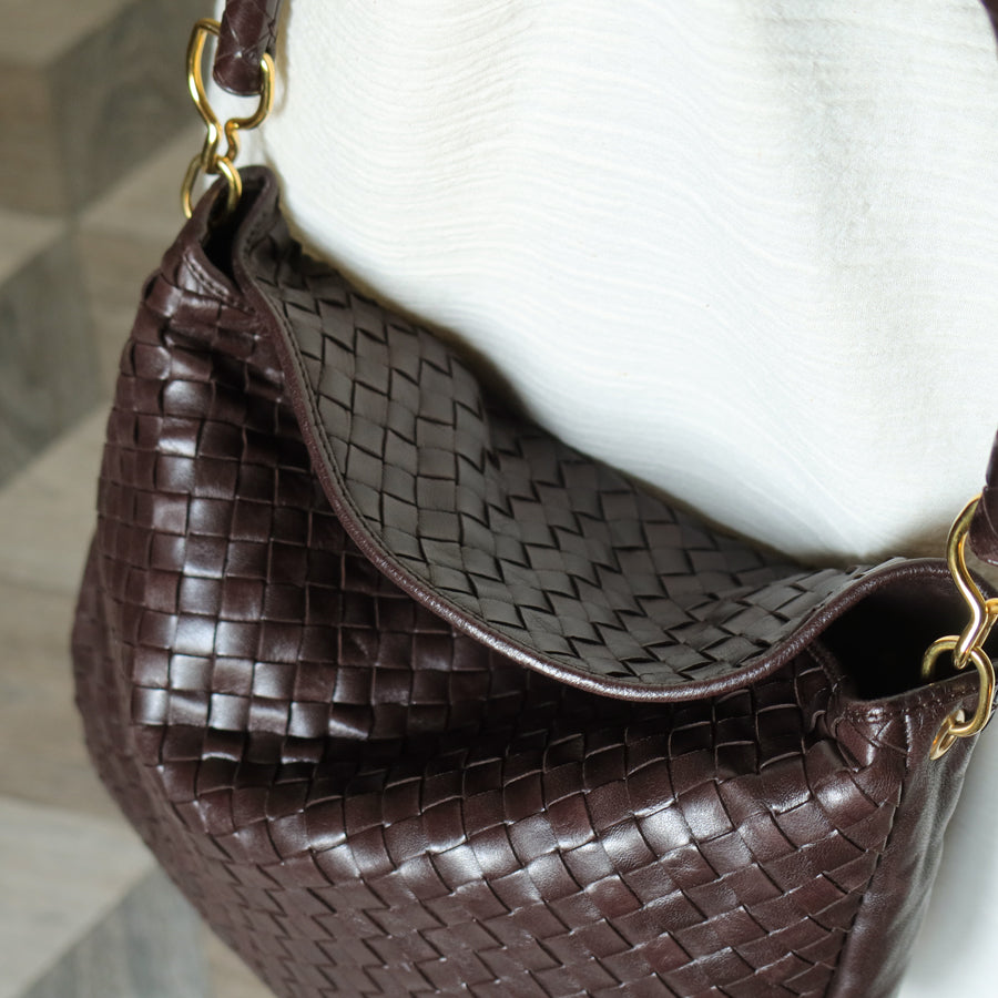 Rare Bottega Veneta Vintage Dark Brown Intrecciato Braided Strap Hobo Shoulder Bag