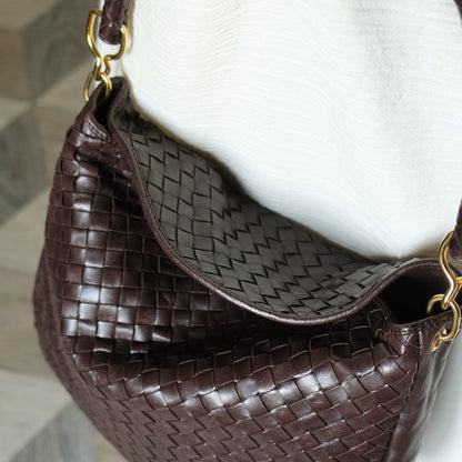 Rare Bottega Veneta Vintage Dark Brown Intrecciato Braided Strap Hobo Shoulder Bag