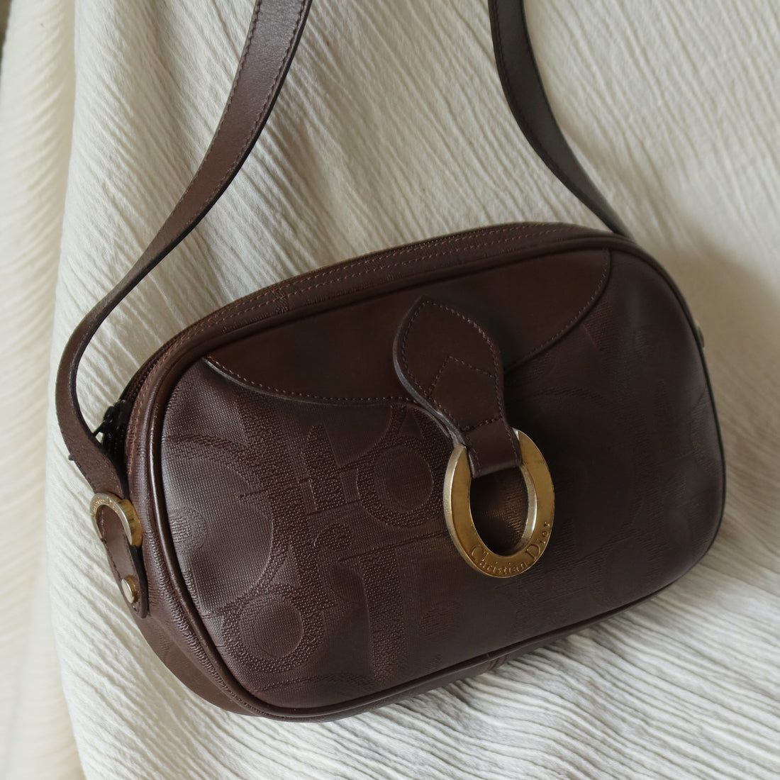 Christian Dior Vintage Dark Brown Trotter Monogram Gold Ring Oval Crossbody Bag