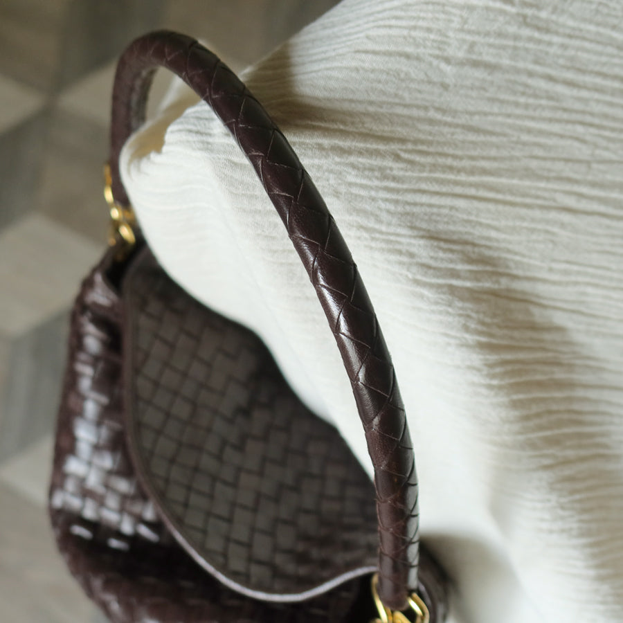 Rare Bottega Veneta Vintage Dark Brown Intrecciato Braided Strap Hobo Shoulder Bag