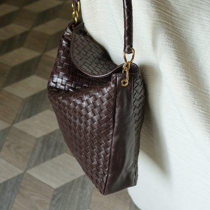 Rare Bottega Veneta Vintage Dark Brown Intrecciato Braided Strap Hobo Shoulder Bag