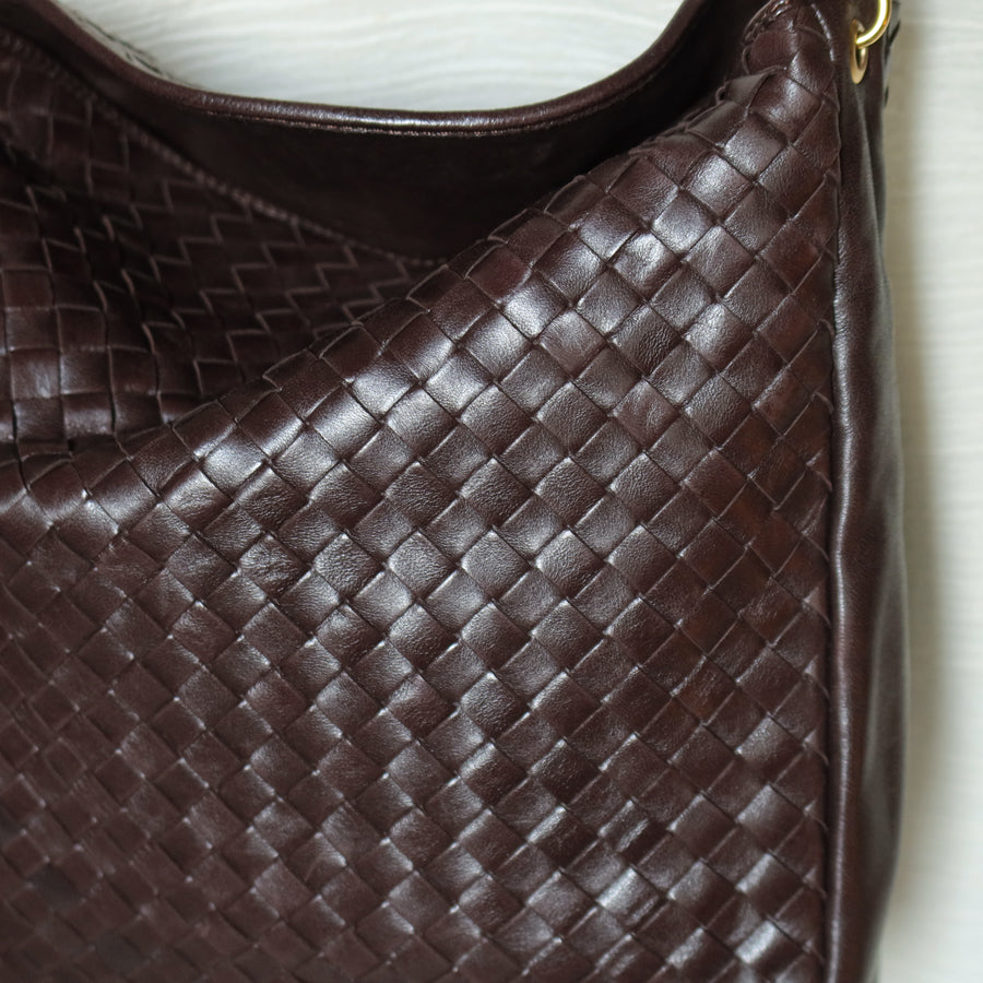 Rare Bottega Veneta Vintage Dark Brown Intrecciato Braided Strap Hobo Shoulder Bag