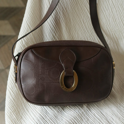 Christian Dior Vintage Dark Brown Trotter Monogram Gold Ring Oval Crossbody Bag