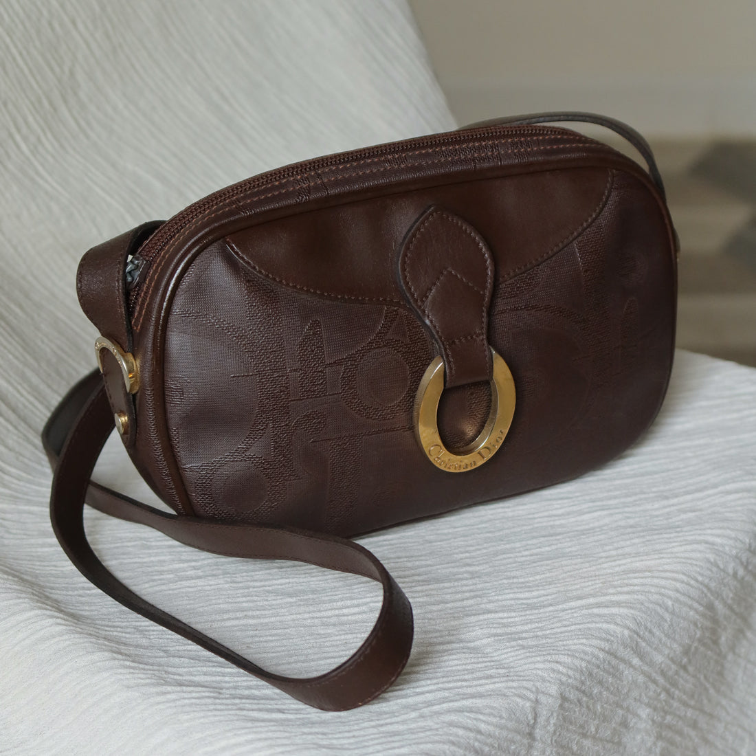 Christian Dior Vintage Dark Brown Trotter Monogram Gold Ring Oval Crossbody Bag