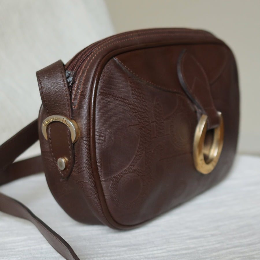 Christian Dior Vintage Dark Brown Trotter Monogram Gold Ring Oval Crossbody Bag