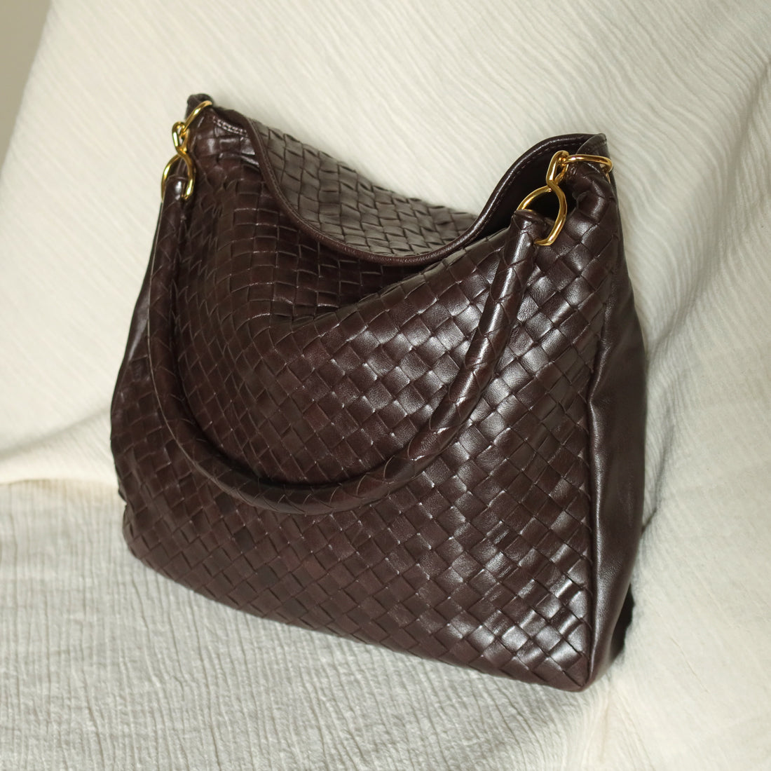 Rare Bottega Veneta Vintage Dark Brown Intrecciato Braided Strap Hobo Shoulder Bag