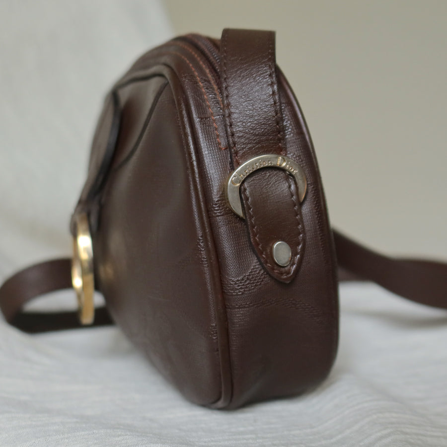 Christian Dior Vintage Dark Brown Trotter Monogram Gold Ring Oval Crossbody Bag