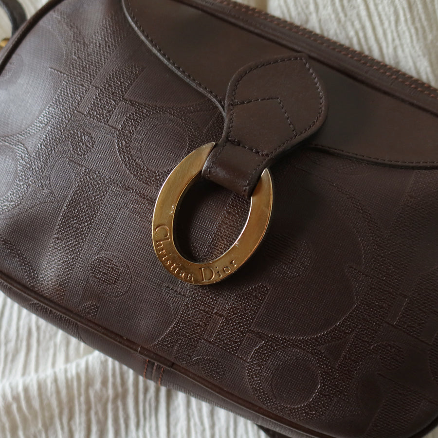 Christian Dior Vintage Dark Brown Trotter Monogram Gold Ring Oval Crossbody Bag