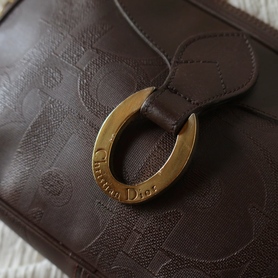 Christian Dior Vintage Dark Brown Trotter Monogram Gold Ring Oval Crossbody Bag