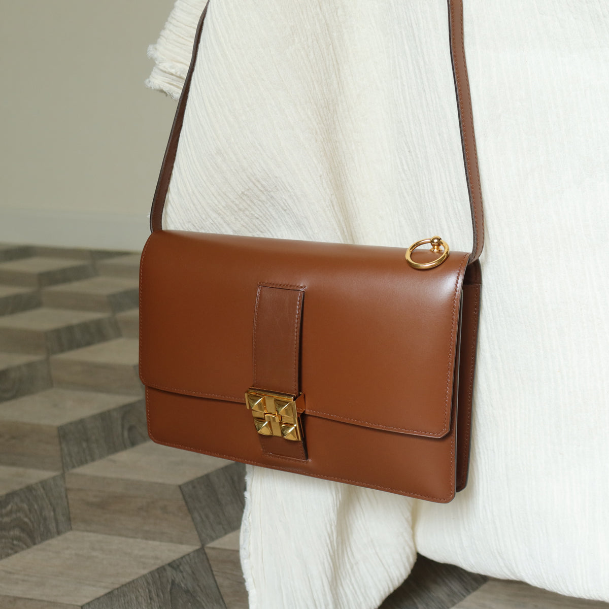Vintage Hermès Caramel Brown Médor Collier de Chien Clutch Shoulder 2way Flap Bag