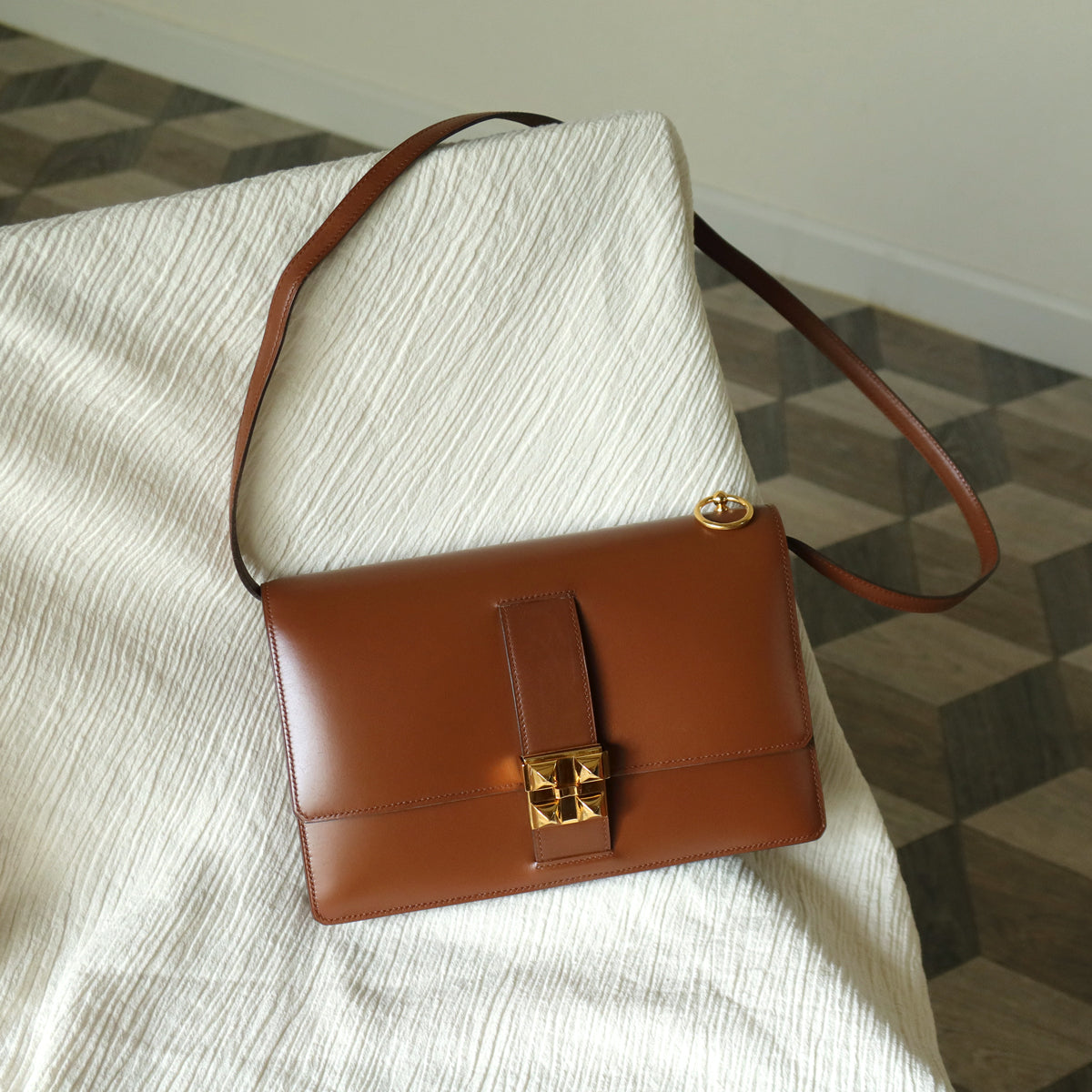 Vintage Hermès Caramel Brown Médor Collier de Chien Clutch Shoulder 2way Flap Bag