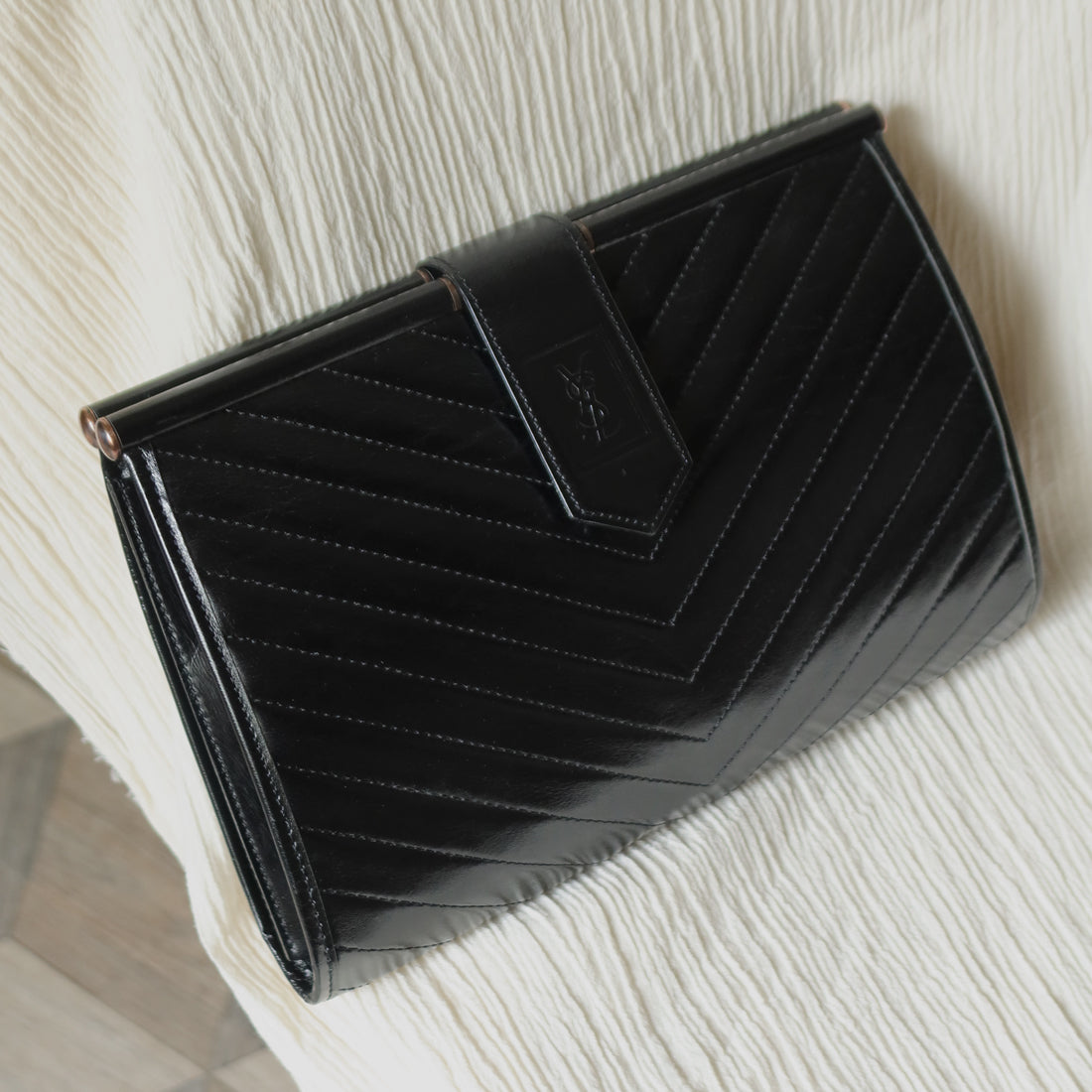 YSL Saint Laurent Vintage Black Leather V Chevron Flap Clutch Bag
