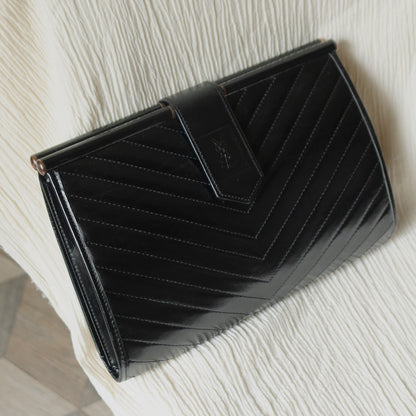 YSL Saint Laurent Vintage Black Leather V Chevron Flap Clutch Bag