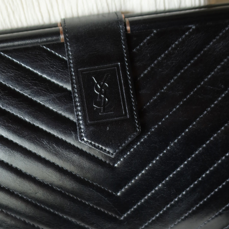 YSL Saint Laurent Vintage Black Leather V Chevron Flap Clutch Bag