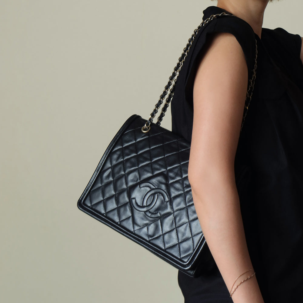 Chanel Vintage Black Lambskin Quilted CC Double Chain Flap Bag