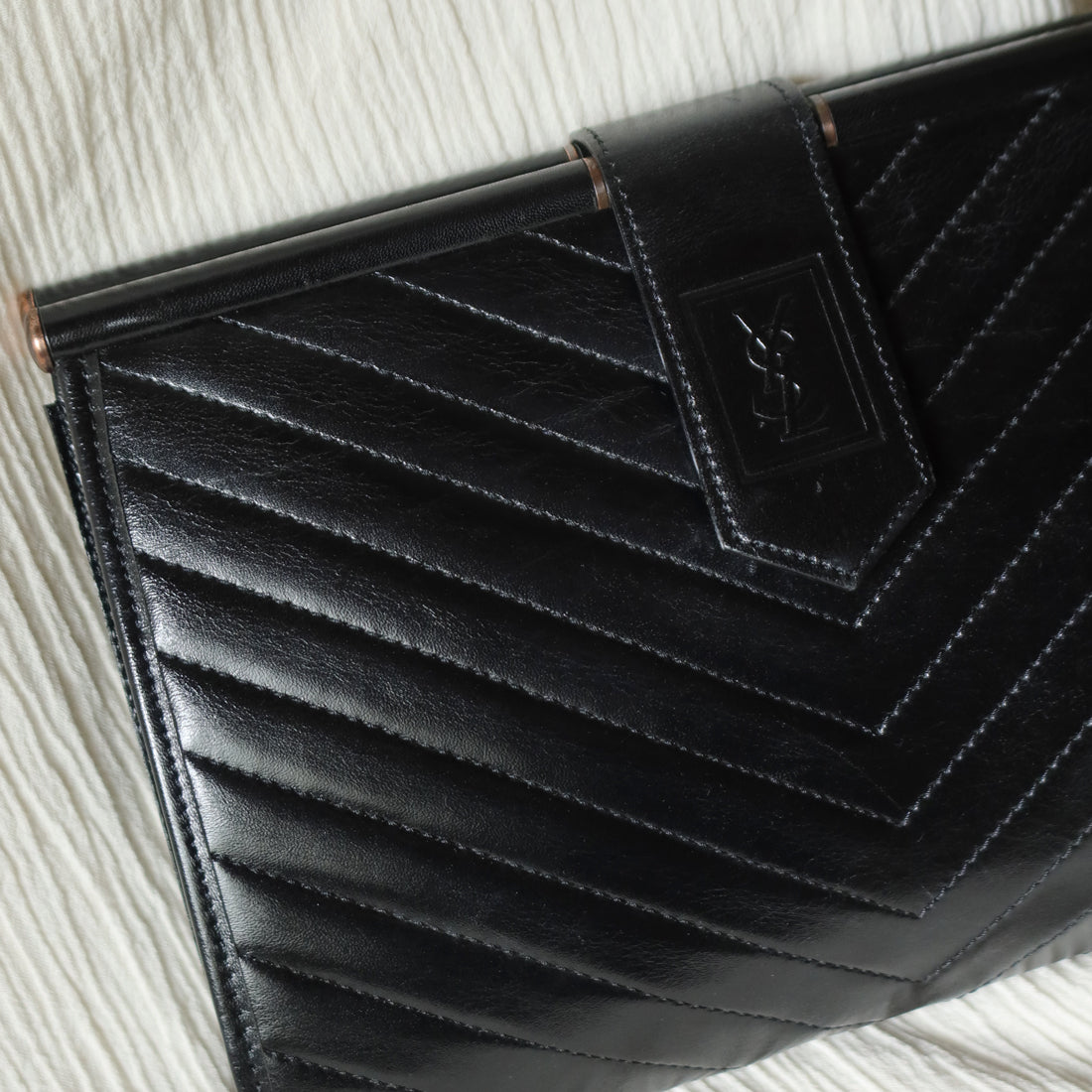 YSL Saint Laurent Vintage Black Leather V Chevron Flap Clutch Bag